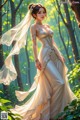 A woman in a wedding dress standing in the woods.