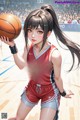 A girl in a red and white uniform holding a basketball.