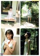 A series of four pictures of a woman in a white dress.