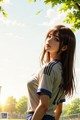 A woman in a soccer uniform standing under a tree.