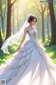 A woman in a wedding dress walking through a forest.