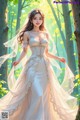 A woman in a wedding dress standing in the woods.